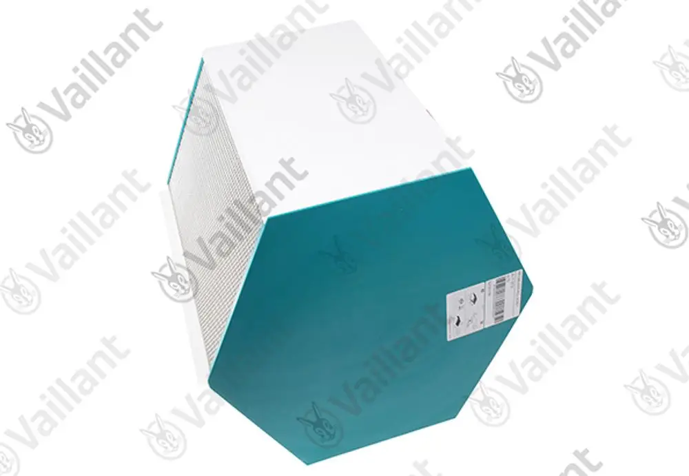 Vaillant Wärmetauscher in wabenförmigem Design, mit einer grün-blauen und weißen Farbgestaltung, abgebildet aus einem schrägen Blickwinkel.